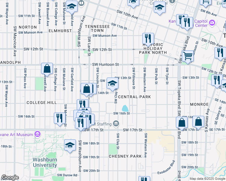 map of restaurants, bars, coffee shops, grocery stores, and more near 1312 Southwest Buchanan Street in Topeka