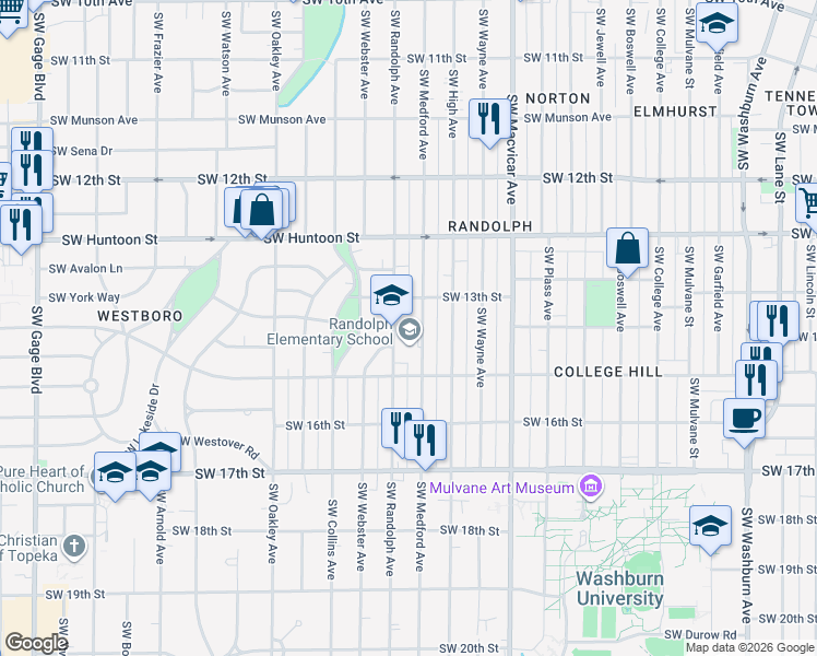 map of restaurants, bars, coffee shops, grocery stores, and more near 2601-2699 Southwest 13th Street in Topeka