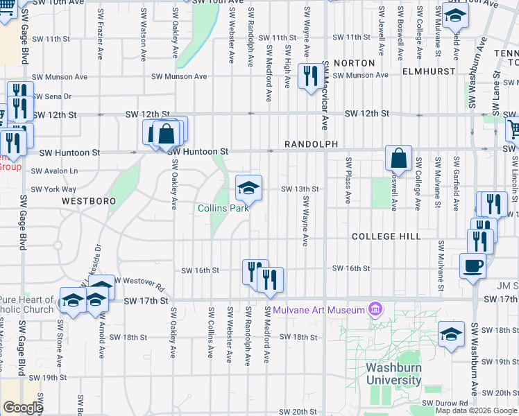 map of restaurants, bars, coffee shops, grocery stores, and more near 1400 Southwest Randolph Avenue in Topeka