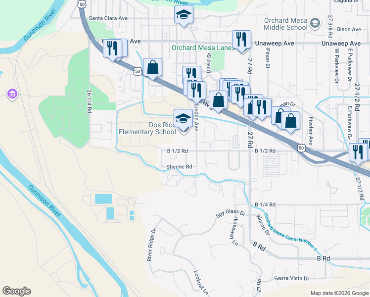 map of restaurants, bars, coffee shops, grocery stores, and more near 2668 B 1/2 Road in Grand Junction