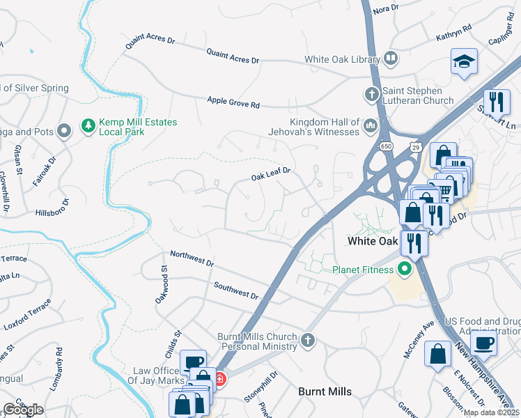 map of restaurants, bars, coffee shops, grocery stores, and more near 11400 Classical Lane in Silver Spring