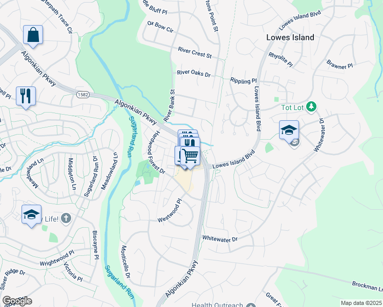 map of restaurants, bars, coffee shops, grocery stores, and more near 20733 Great Falls Plaza in Sterling