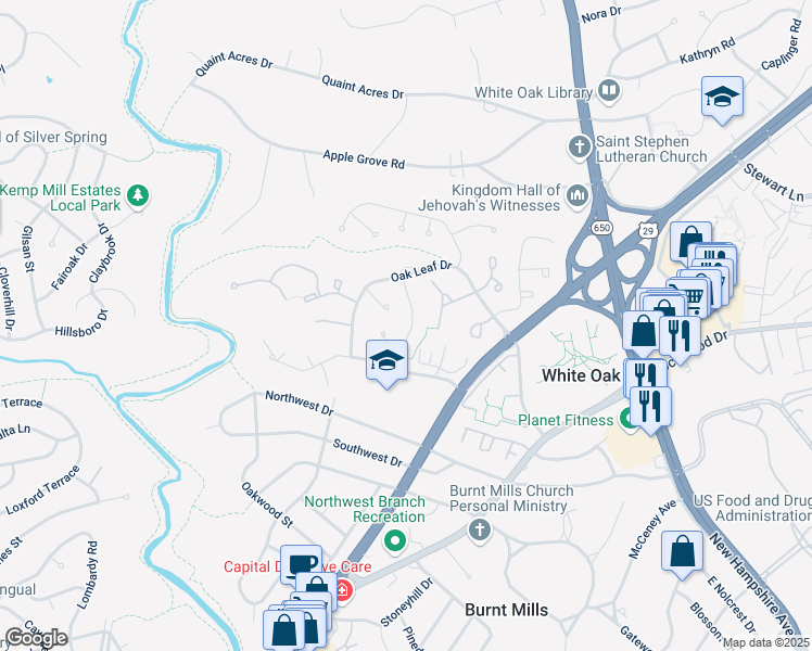 map of restaurants, bars, coffee shops, grocery stores, and more near 11400 Classical Lane in Silver Spring