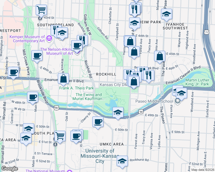 map of restaurants, bars, coffee shops, grocery stores, and more near 4798 Charlotte St in Kansas City