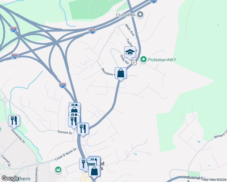 map of restaurants, bars, coffee shops, grocery stores, and more near 2226 Alexandria Pike in Highland Heights