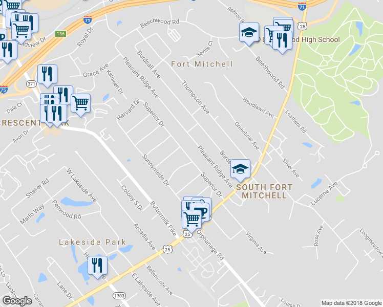 map of restaurants, bars, coffee shops, grocery stores, and more near 36 Superior Drive in Fort Mitchell