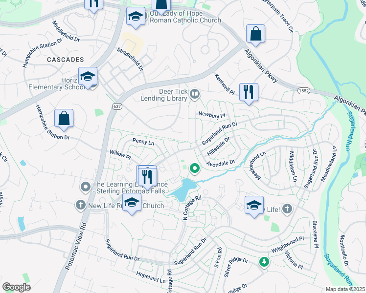 map of restaurants, bars, coffee shops, grocery stores, and more near 218 Sugarland Run Drive in Sterling