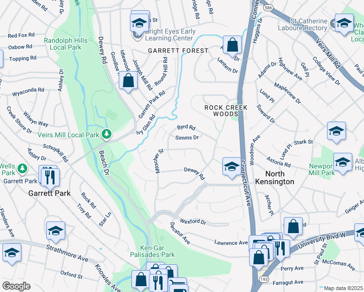 map of restaurants, bars, coffee shops, grocery stores, and more near 11310 Mitscher Street in Kensington