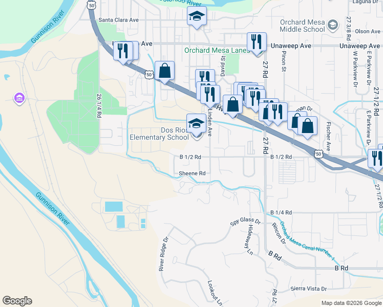 map of restaurants, bars, coffee shops, grocery stores, and more near 2668 B 1/2 Road in Grand Junction