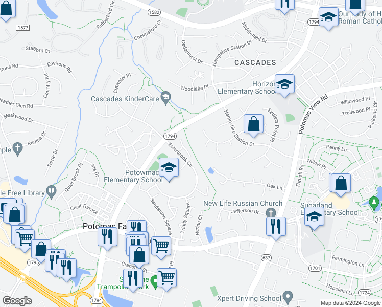 map of restaurants, bars, coffee shops, grocery stores, and more near 20736 Arbor Court in Sterling