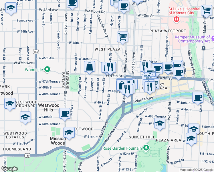 map of restaurants, bars, coffee shops, grocery stores, and more near 4734 Holly Street in Kansas City