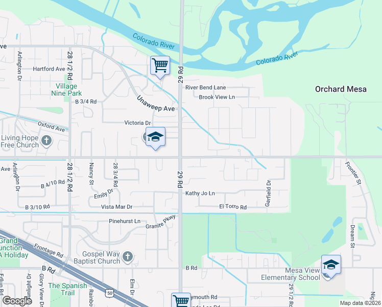 map of restaurants, bars, coffee shops, grocery stores, and more near 2904 B 1/2 Road in Grand Junction