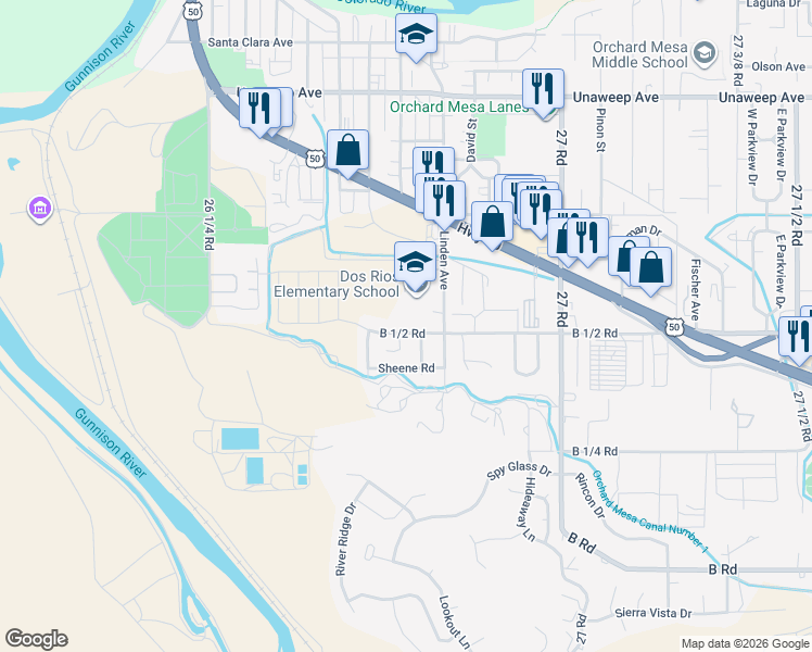map of restaurants, bars, coffee shops, grocery stores, and more near 2668 B 1/2 Road in Grand Junction