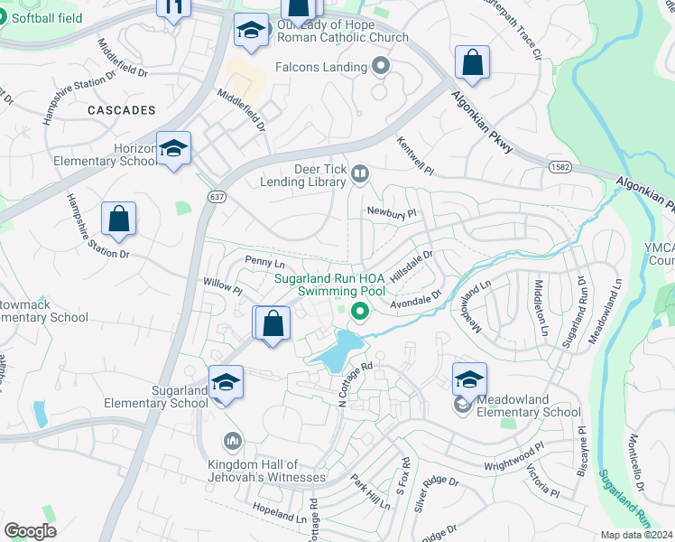 map of restaurants, bars, coffee shops, grocery stores, and more near 218 Sugarland Run Drive in Sterling