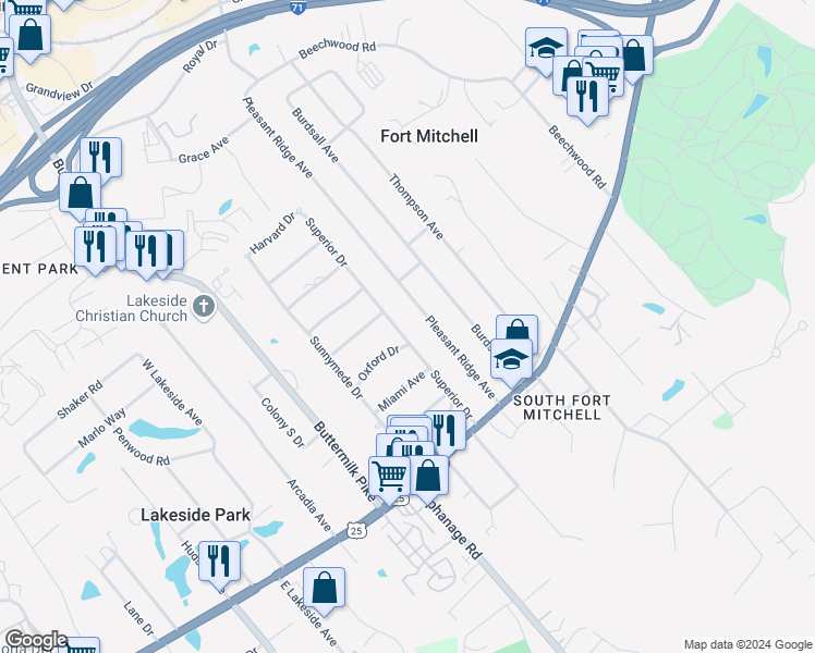 map of restaurants, bars, coffee shops, grocery stores, and more near 53 Pleasant Ridge Avenue in Fort Mitchell
