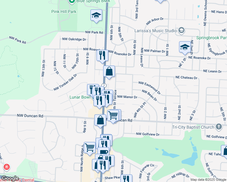 map of restaurants, bars, coffee shops, grocery stores, and more near 2134 Northwest Highway 7 in Blue Springs