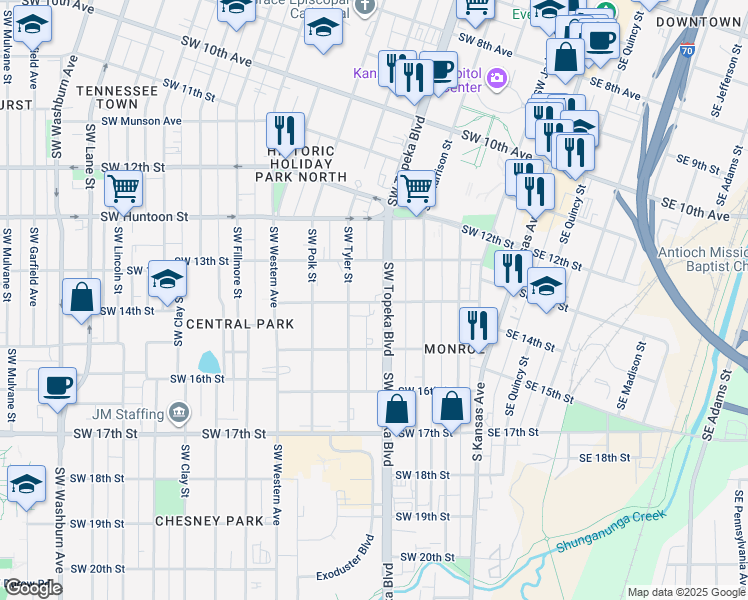 map of restaurants, bars, coffee shops, grocery stores, and more near 1321 Southwest Topeka Boulevard in Topeka