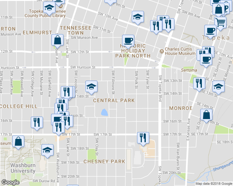 map of restaurants, bars, coffee shops, grocery stores, and more near 1325 Southwest Fillmore Street in Topeka