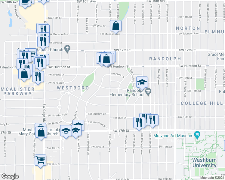 map of restaurants, bars, coffee shops, grocery stores, and more near 3017 Southwest Harland Court in Topeka