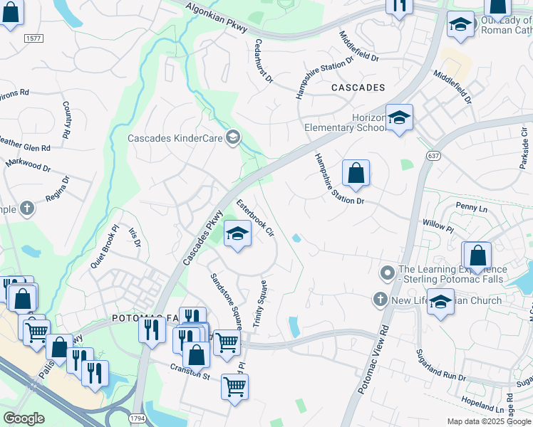 map of restaurants, bars, coffee shops, grocery stores, and more near 20736 Arbor Court in Sterling