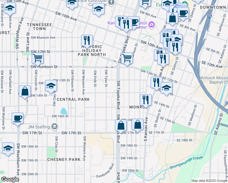 map of restaurants, bars, coffee shops, grocery stores, and more near 1321 Southwest Topeka Boulevard in Topeka