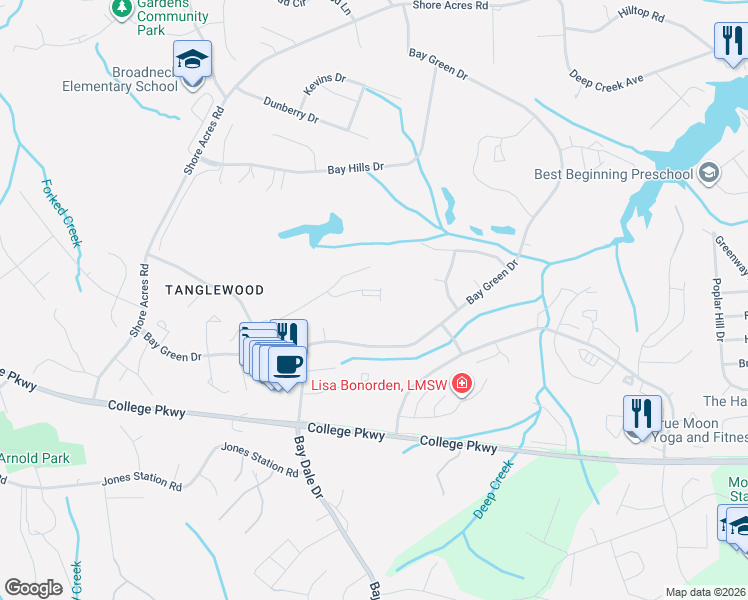 map of restaurants, bars, coffee shops, grocery stores, and more near 721 Rusack Court in Arnold