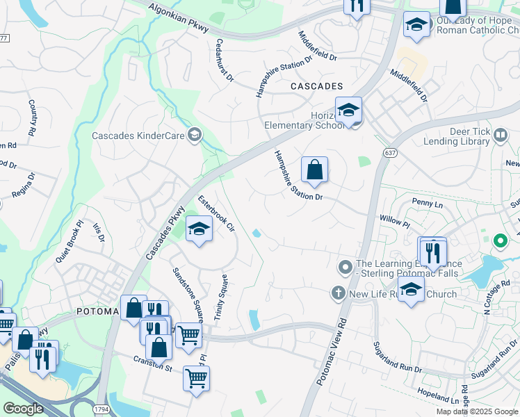 map of restaurants, bars, coffee shops, grocery stores, and more near 20749 Eastlake Court in Sterling