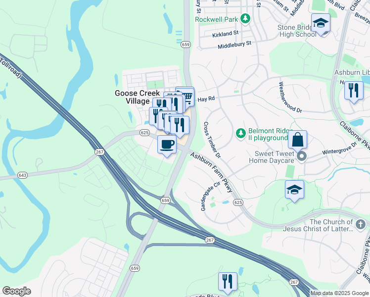 map of restaurants, bars, coffee shops, grocery stores, and more near Belmont Ridge Rd & Sycolin Rd in Ashburn