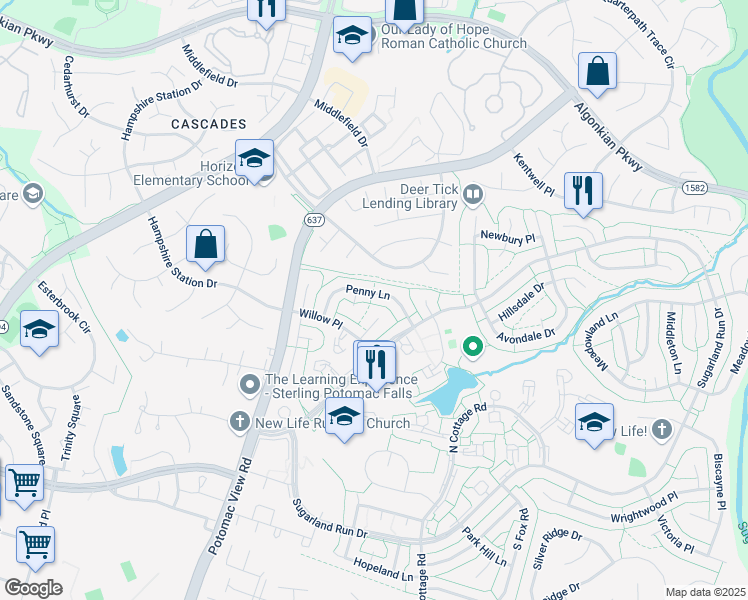 map of restaurants, bars, coffee shops, grocery stores, and more near 214 Penny Lane in Sterling