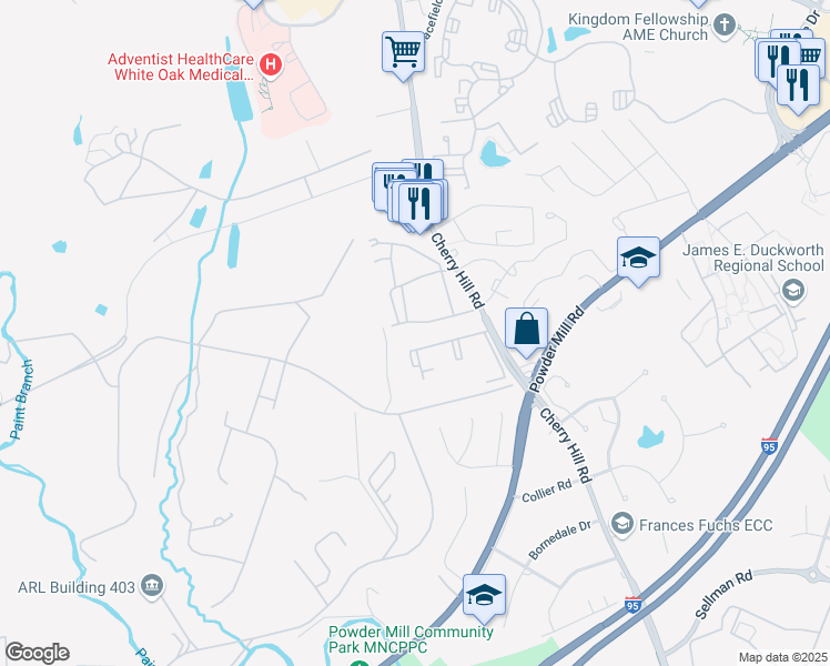 map of restaurants, bars, coffee shops, grocery stores, and more near 11346 Cherry Hill Road in Beltsville