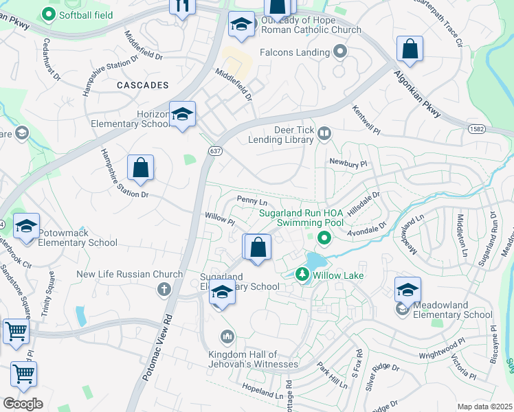 map of restaurants, bars, coffee shops, grocery stores, and more near 214 Penny Lane in Sterling