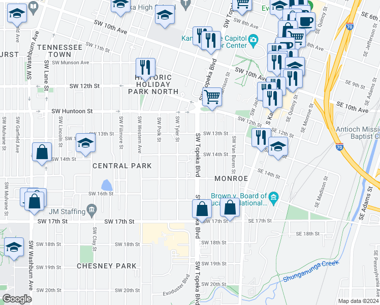 map of restaurants, bars, coffee shops, grocery stores, and more near 510 Southwest 14th Street in Topeka