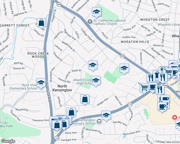 map of restaurants, bars, coffee shops, grocery stores, and more near 11311 Newport Mill Road in Silver Spring