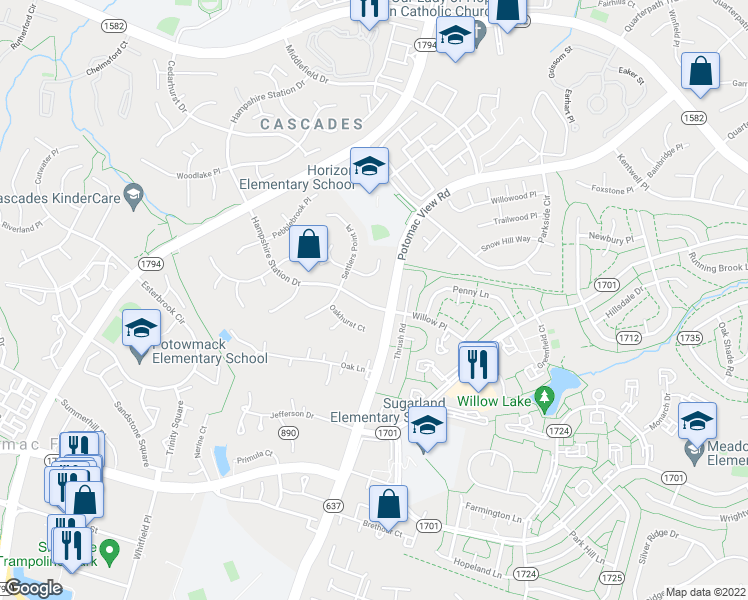 map of restaurants, bars, coffee shops, grocery stores, and more near 46620 Hampshire Station Drive in Sterling