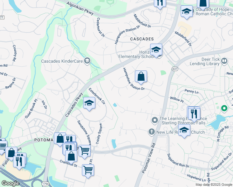 map of restaurants, bars, coffee shops, grocery stores, and more near 20749 Eastlake Court in Sterling