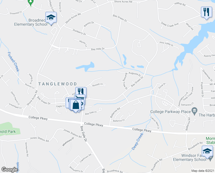 map of restaurants, bars, coffee shops, grocery stores, and more near 724 Rusack Court in Arnold
