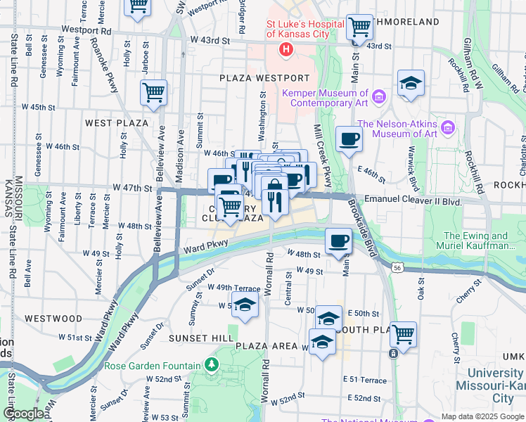 map of restaurants, bars, coffee shops, grocery stores, and more near 320 Nichols Road in Kansas City