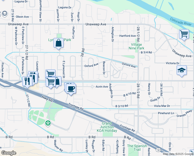 map of restaurants, bars, coffee shops, grocery stores, and more near 255 Beacon Court in Grand Junction