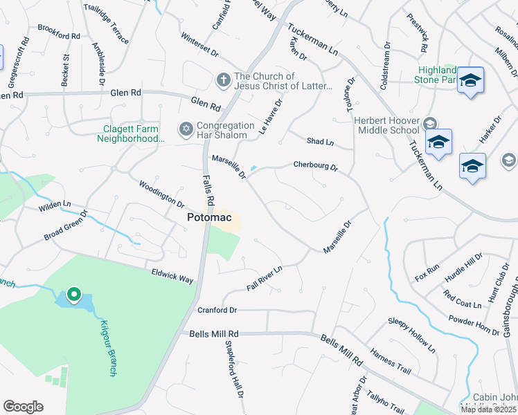 map of restaurants, bars, coffee shops, grocery stores, and more near 9200 Marseille Drive in Potomac