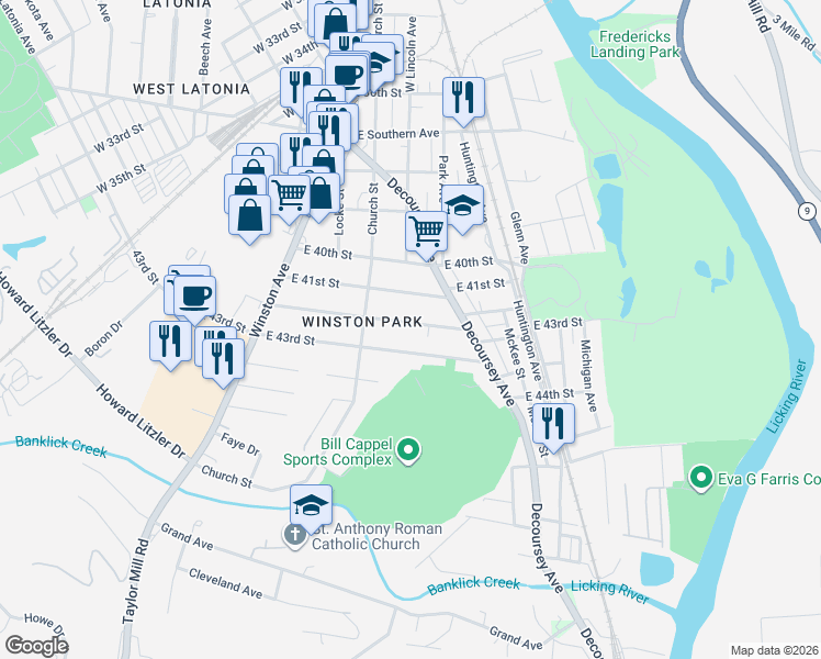 map of restaurants, bars, coffee shops, grocery stores, and more near 120 East 42nd Street in Covington