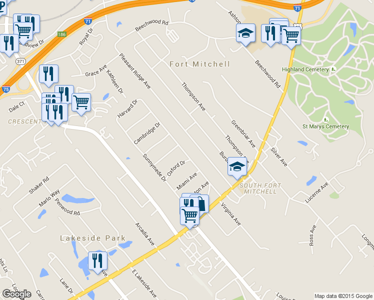 map of restaurants, bars, coffee shops, grocery stores, and more near 53 Pleasant Ridge Avenue in Fort Mitchell