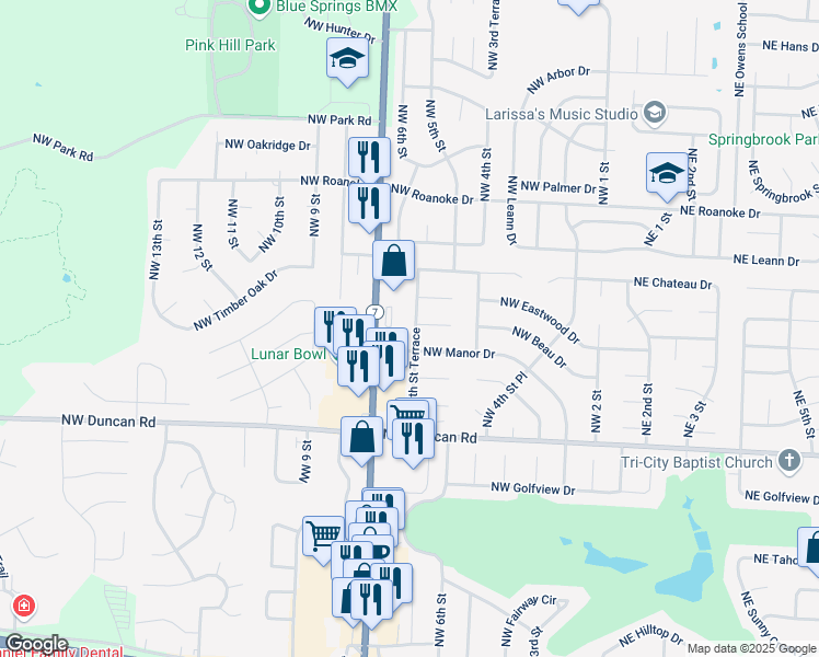 map of restaurants, bars, coffee shops, grocery stores, and more near 2134 Northwest Highway 7 in Blue Springs