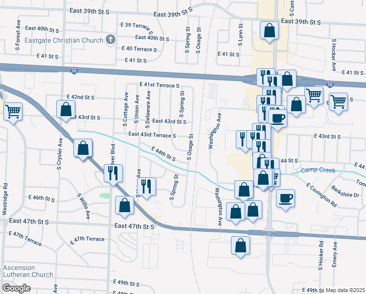 map of restaurants, bars, coffee shops, grocery stores, and more near 13305 East 43rd Terrace South in Independence