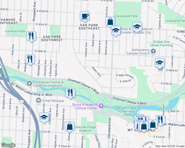 map of restaurants, bars, coffee shops, grocery stores, and more near 4612 Bales Avenue in Kansas City