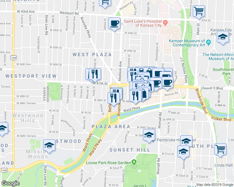 map of restaurants, bars, coffee shops, grocery stores, and more near in Kansas City