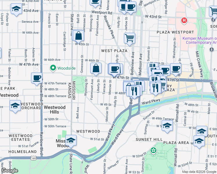 map of restaurants, bars, coffee shops, grocery stores, and more near 4714 Mercier Street in Kansas City
