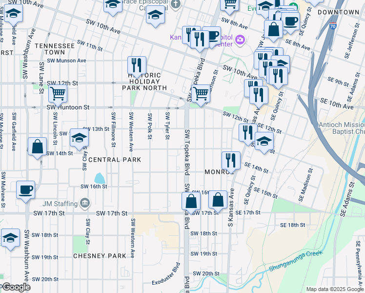 map of restaurants, bars, coffee shops, grocery stores, and more near 1321 Southwest Topeka Boulevard in Topeka