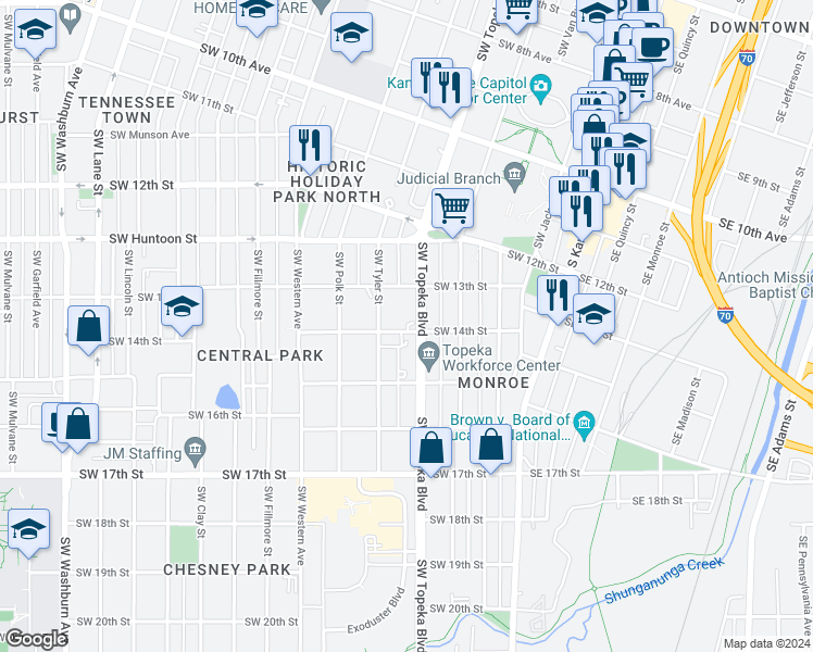map of restaurants, bars, coffee shops, grocery stores, and more near 1321 Southwest Topeka Boulevard in Topeka
