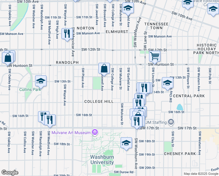 map of restaurants, bars, coffee shops, grocery stores, and more near 1320 Southwest Boswell Avenue in Topeka