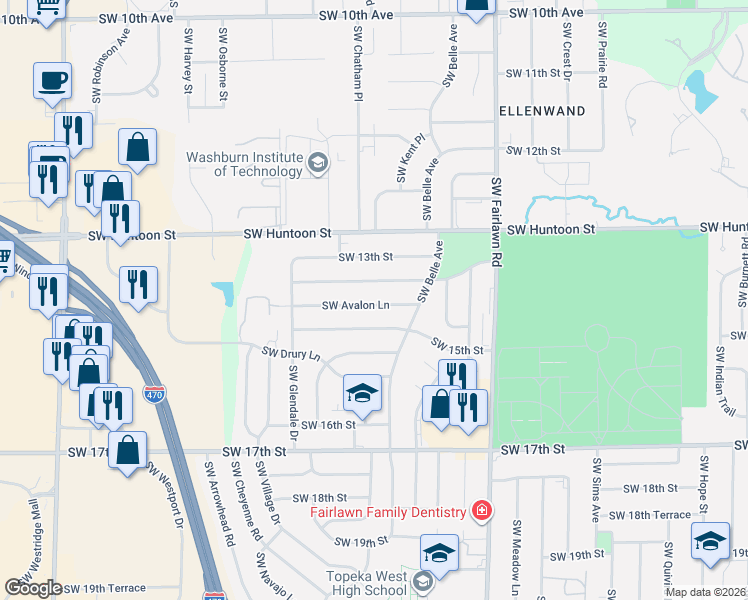 map of restaurants, bars, coffee shops, grocery stores, and more near 5507 Southwest 14th Street in Topeka